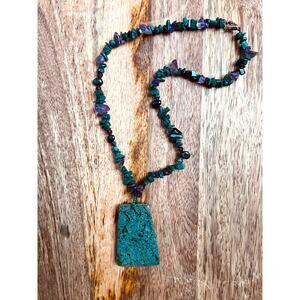 Tibetan Spiderweb Turquoise Pendant Necklace Malachite Amethyst 19” Boho Gift